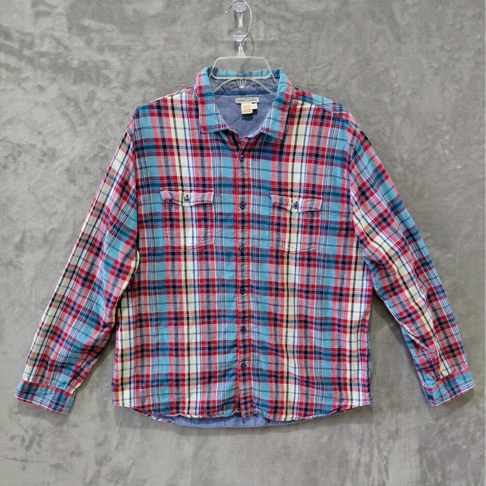 Carbon2Cobalt Double Cloth Plaid Shirt Men's Large Flap Pockets Long Sleeves